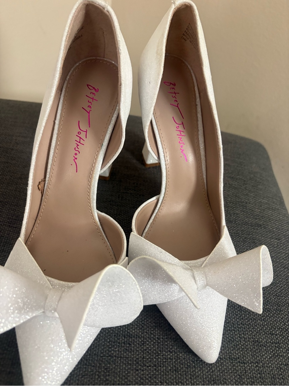 Sparkling White Betsey Johnson Heels with Stylish Bow Size